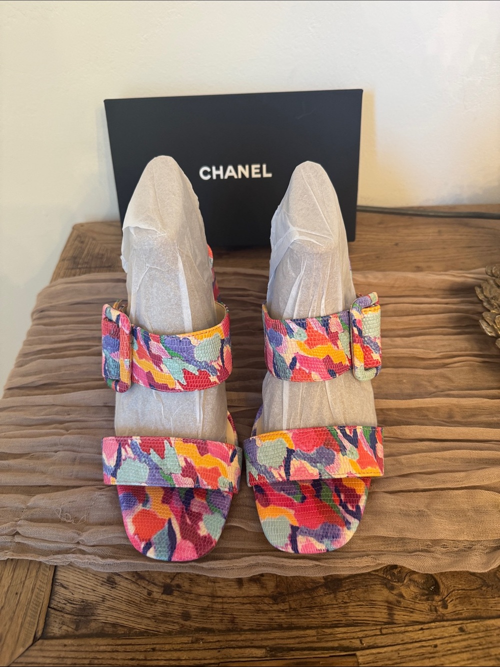 ALEX MARIE Multicolor Canvas Block Heel Mules in Pink, Orange & Purple